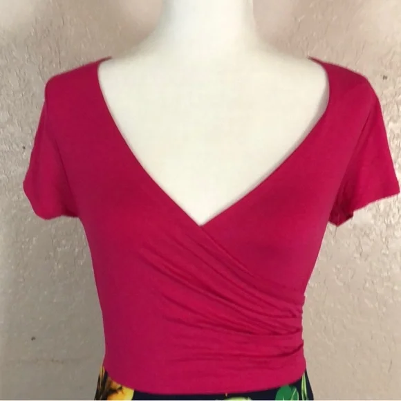 792 NWT Gilli V-neck Shortsleeved Solif Pink & Floral Print Dress. SzS - Picture 2 of 8